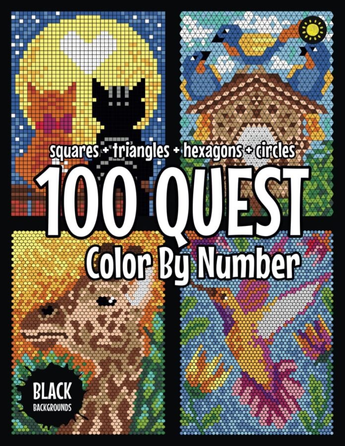 100 QUEST Color By Number: Squares + Triangles + Hexagons + Circles (BLACK backgrounds): color quest activity book for adults
