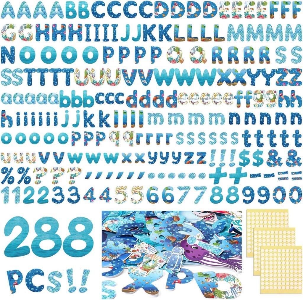 221 Pcs Bulletin Board Letters Classroom Alphabet Cutouts Number Punctuation Symbol Combo Set Letter Cutouts for Bulletin Boards Classroom Office Chalkboard Decor(Ocean)
