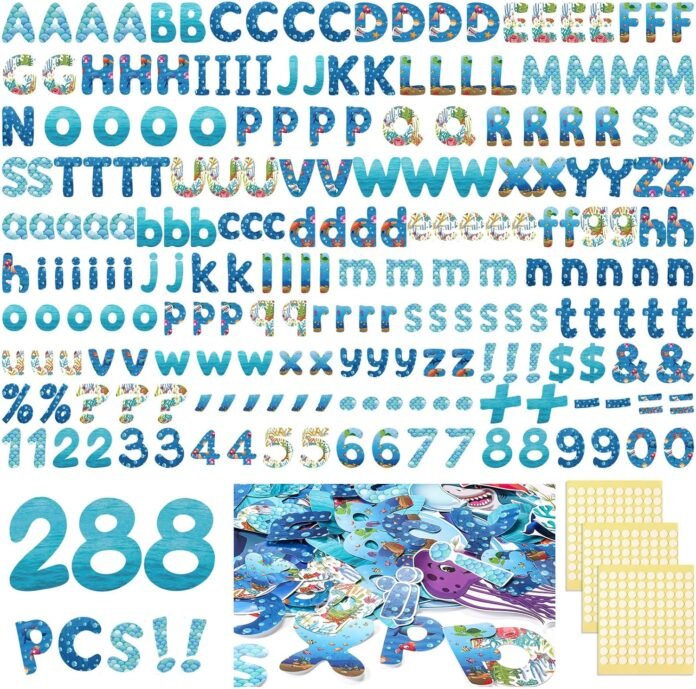 221 Pcs Bulletin Board Letters Classroom Alphabet Cutouts Number Punctuation Symbol Combo Set Letter Cutouts for Bulletin Boards Classroom Office Chalkboard Decor(Ocean)