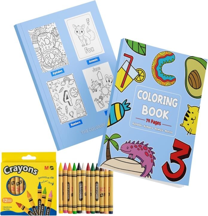 Coloring Book Set - 74 Pages Educational Coloring Book for Kids with Crayons - Cute Animals, Alphabet, Numbers, Months