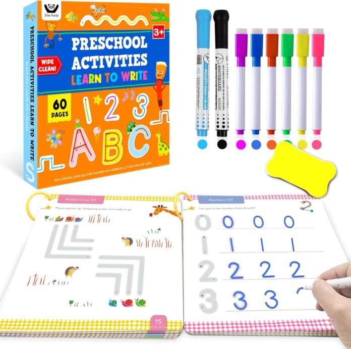 ElitePanda Preschool Learning Activities 60 Dry Erase Pages, Toddler Letter Tracing Books Ages 2 3 4 5, Autism Educational Fine Motor Skill Pre-K Workbook Learning Toy to Write for Kids 3 Year Old