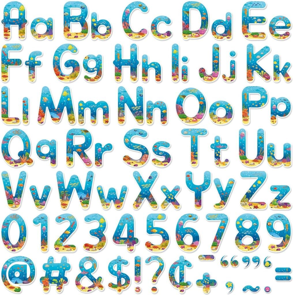 Faccito 231 Pcs Under The Sea Letters Combo Pack Set Ocean Alphabet Letters for Bulletin Board Sea Life Bulletin Board Set Sea Letter Number Punctuation Accents Cutouts for Homeschool Classroom Decor