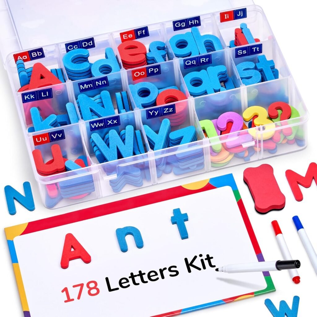 Gamenote Classroom Magnetic Letters Kit 178 Pcs with Double-Side Magnet Board – Foam Alphabet Letters for Kids Spelling and Learning