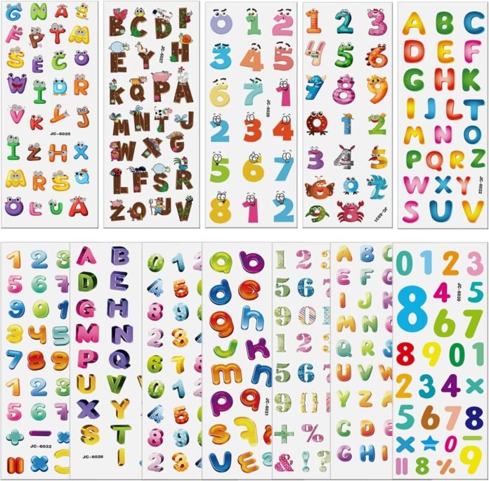 Letters Numbers Stickers for Kids, 24 Sheets 600+ 3D Puffy Numbers and Alphabet Stickers for Toddler Craft Scrapbooking Preschool Reward Goody Bag Stuffers Birthday Gifts