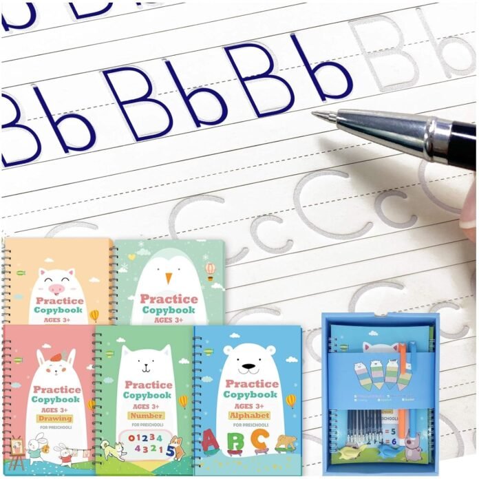 Magic Practice Copybook for Kids, Handwriting Practice Workbook, Reusable Writing Practice Book for Preschool Kids Age 3-8, ​Calligraphy 7.9in×5.5in (5 Books with Pens)