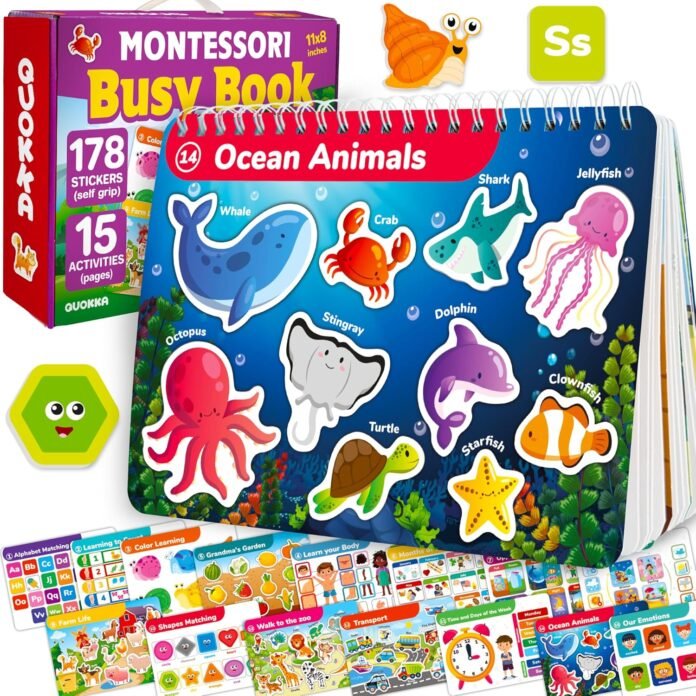 QUOKKA Montessori Busy Book for Toddlers 3-5 Years Old - Toddler Activity Book with Interactive Pages 3 Year Old Activity Book with Touch Fastener for Learning - Preschool Gift for Boys and Girls