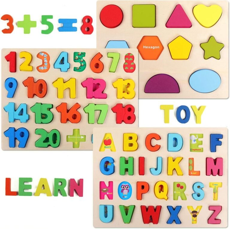 QZMTOY Wooden Puzzles for Toddlers, Wooden Alphabet Number Shape Puzzles Toddler Learning Puzzle Toys for Kids, 3 in 1 Puzzle for Toddlers, Age 3+ (Set of 3)