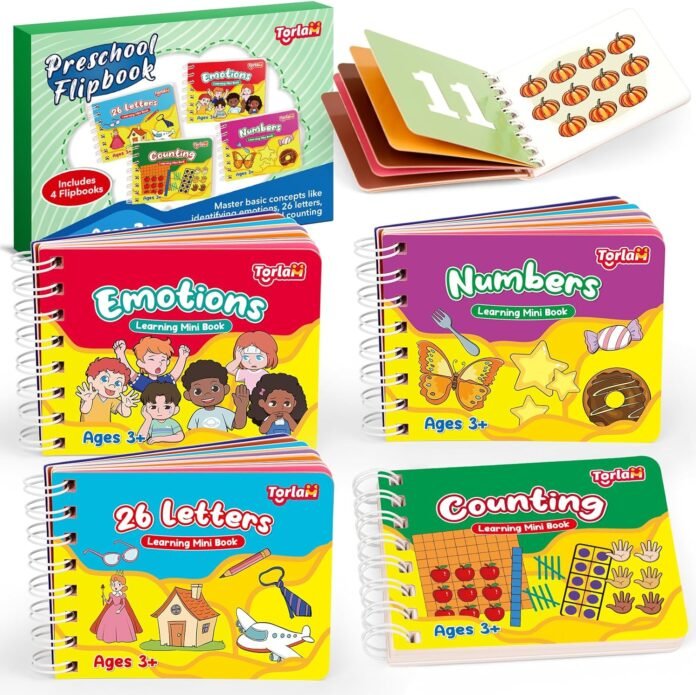 Torlam Preschool Learning Books, Alphabet Games ABC Letter Number Recognition Counting Toys Toddler Emotions Feelings Book, Flipbook Mini Board Books Set Activity Book Learning Activities, 4 Pcs