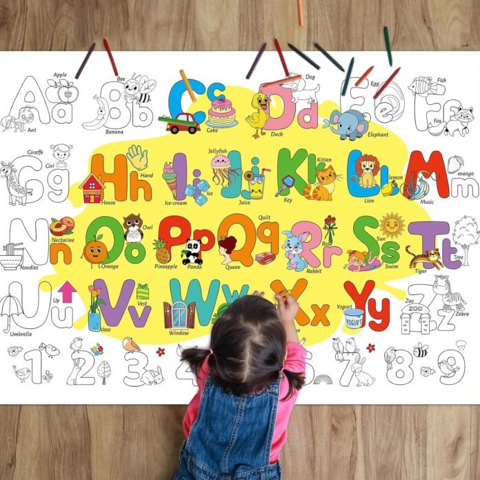 ZOIIWA Alphabet Coloring Poster for Kids Giant Coloring Poster Large Number Letter Coloring Tablecloth Jumbo Coloring Books for kids Classroom Home Birthday Party Supplies Favor 31.4 x 43.3 Inch