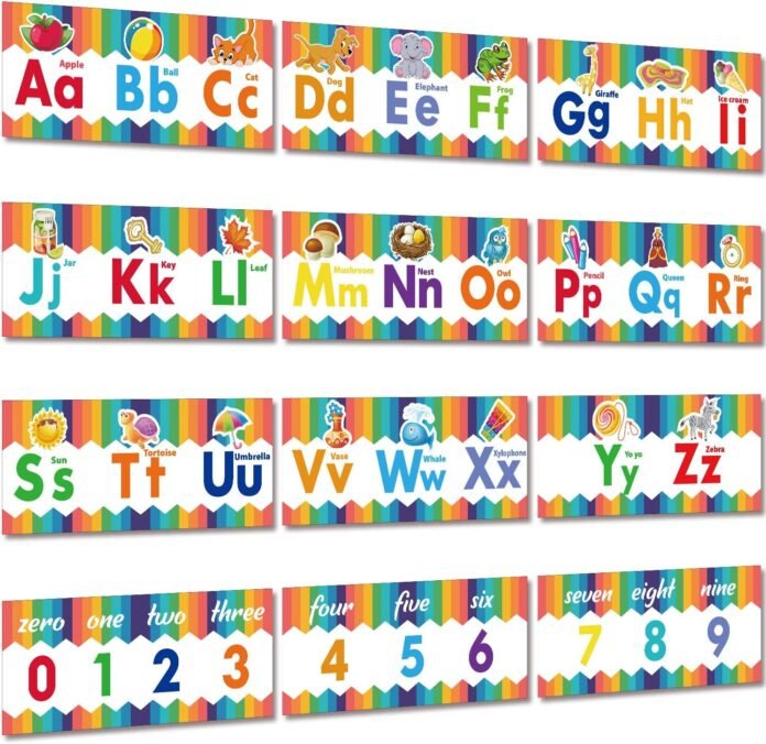 12 Pieces Educational Preschool Posters Alphabet Number Classroom Wall Poster Decorations Numbers 0-9 Posters for Nursery Preschool Home School Kindergarten Classroom