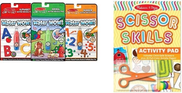 Melissa & Doug On the Go Water Wow! Activity Book, 3-Pack - Animals, Alphabet, and Numbers with Melissa & Doug Scissor Skills Activity Book With Pair of Child-Safe Scissors (20 Pages) Bundle