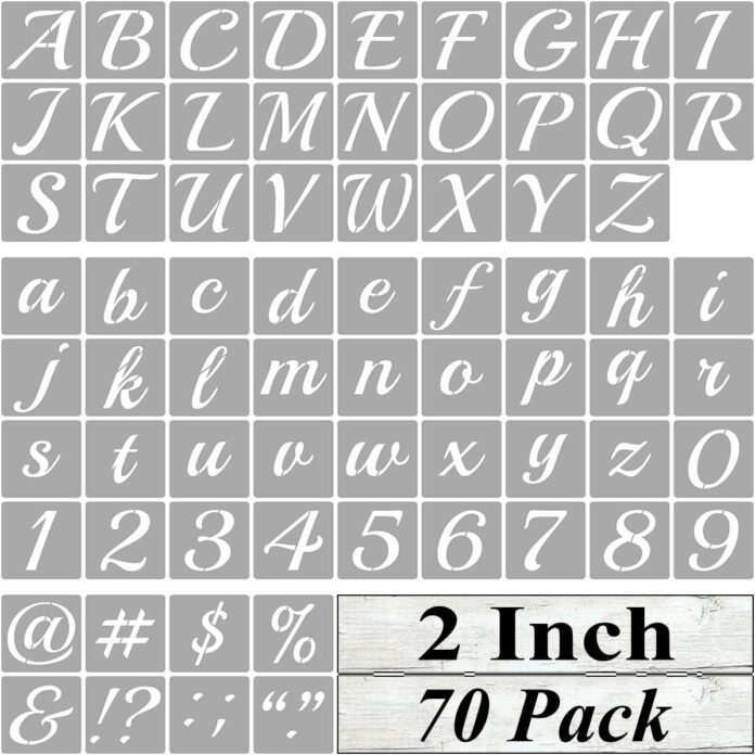 2 Inch Alphabet Letter Stencils for Painting - 70 Pack Letter and Number Stencil Templates with Signs for Painting on Wood, Reusable Cursive Letters Stencils for Chalkboard Wood Signs & Wall Art
