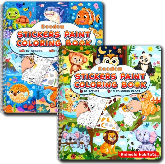 2PCS Crafts for Kids Ages 4-8 Sticker Paint by Number Books Coloring Sheets, Animal Habitats+ Ocean Animals, Including Lion, Panda, Monkey, Shark, T-rex,Axolotl, Clownfish 20 Scenes