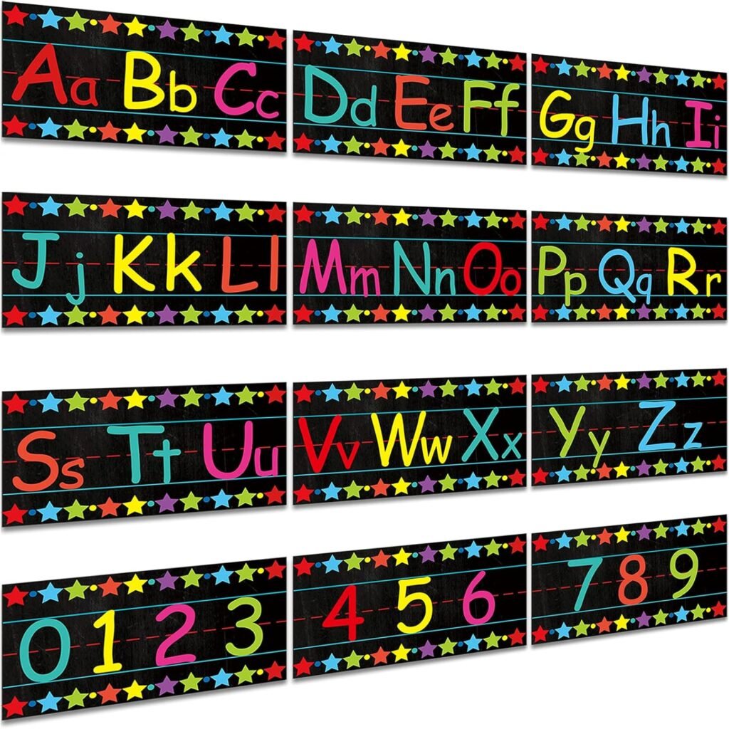 Alphabet Bulletin Board Set Alphabet Poster Chart Number Line for Classroom Wall Decorations Including Numbers 0-9 and Adhesive Dots for Pre School Kindergarten Playroom Bedroom, 12 Sheets (Black)