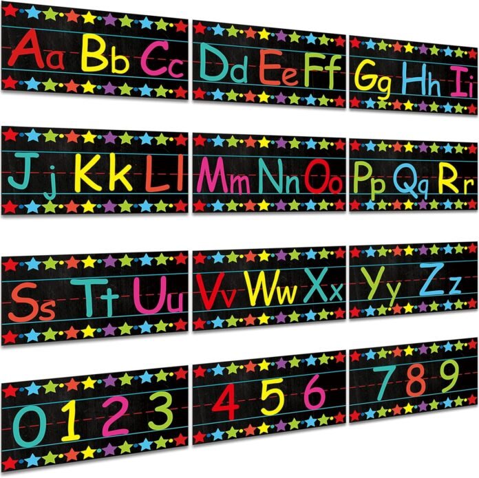 Alphabet Bulletin Board Set Alphabet Poster Chart Number Line for Classroom Wall Decorations Including Numbers 0-9 and Adhesive Dots for Pre School Kindergarten Playroom Bedroom, 12 Sheets (Black)