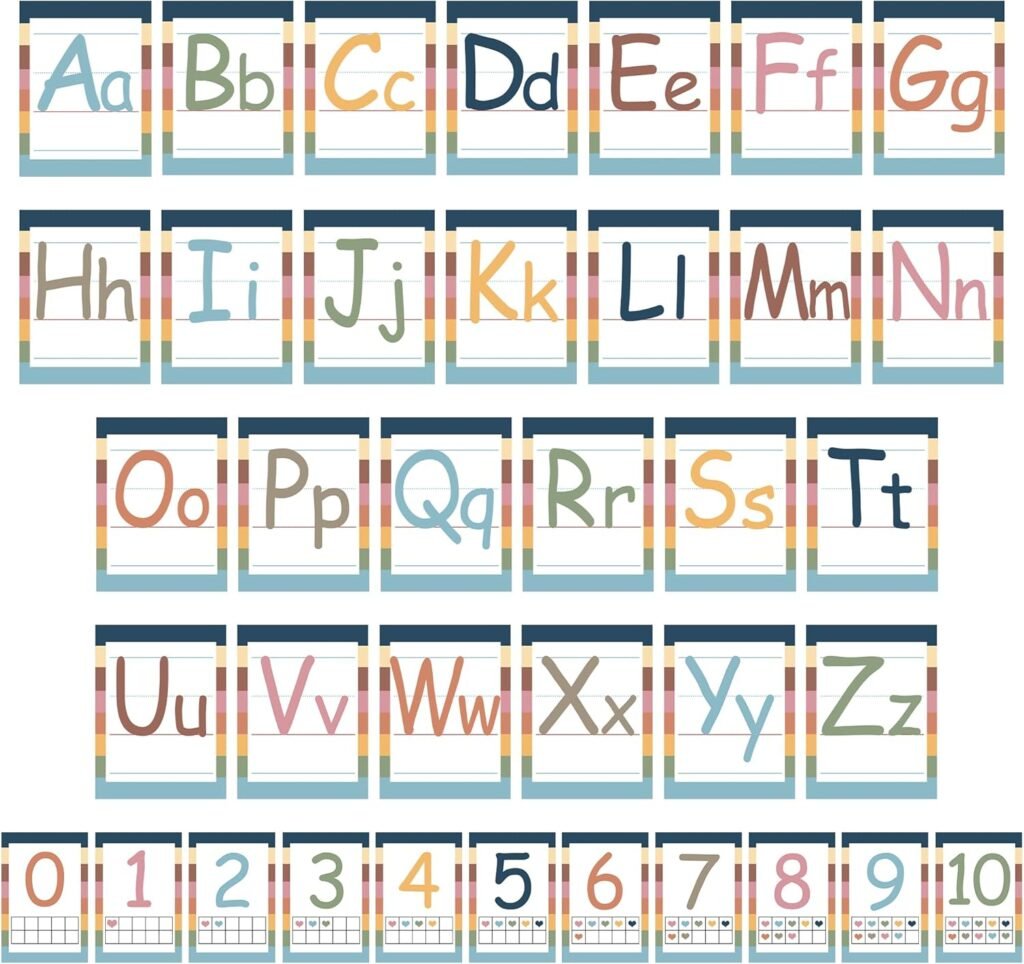 Alphabet Bulletin Board Set Boho Alphabet Number Poster Card Colorful Educational Preschool Cards Alphabet Line Paper Cutouts for Teachers Kindergarten Classroom Education Activity Decoration, 37 PCS