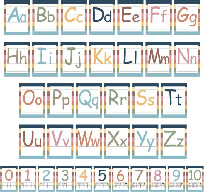 Alphabet Bulletin Board Set Boho Alphabet Number Poster Card Colorful Educational Preschool Cards Alphabet Line Paper Cutouts for Teachers Kindergarten Classroom Education Activity Decoration, 37 PCS