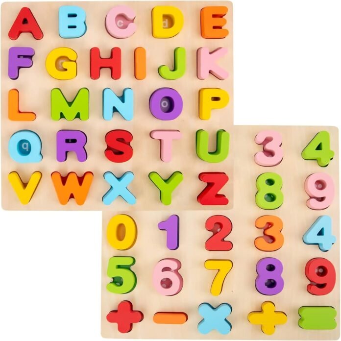Alphabet Puzzle, WOOD CITY ABC Letter & Number Puzzles for Toddlers 1 2 3 Years Old, Preschool Learning Toys for Kids, Educational Name Puzzle Present for Boys and Girls (2 Pack)