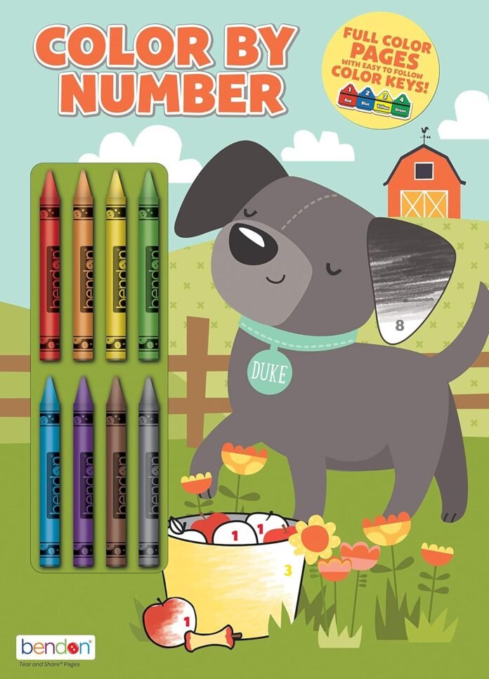 Bendon 32-Page Color by Number Coloring and Activity Book with 8 Crayons 49931