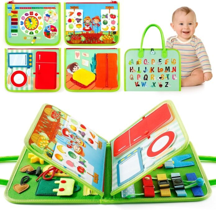 Busy Board Montessori Toy for 1-4 Year Old Toddlers, Educational Sensory Board Preschool Learning Toy for Learning Fine Motor Skills Quiet Book Travel Toys for Gift for Boys Girls-Green…