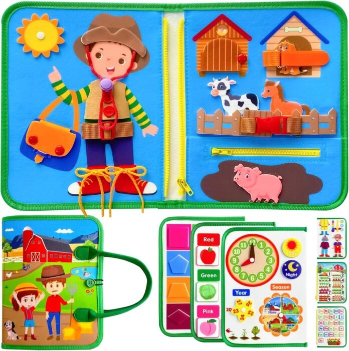 Busy Board,Montessori Toys,Sensory Busy Quiet Books,for Toddler 3 4 5,for Airplane Plane Travel Road Trip，Preschool Learning Life Skill, Alphabet, Number, Shape,Color,Weather,Time,Clocks