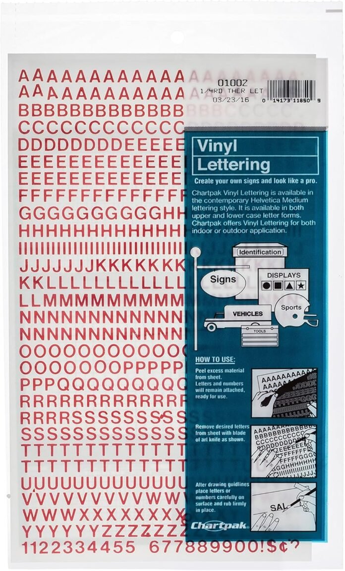 Chartpak Self-Adhesive Vinyl Capital Letters and Numbers, 1/4 Inches High, Red, 610 per Pack (01002)