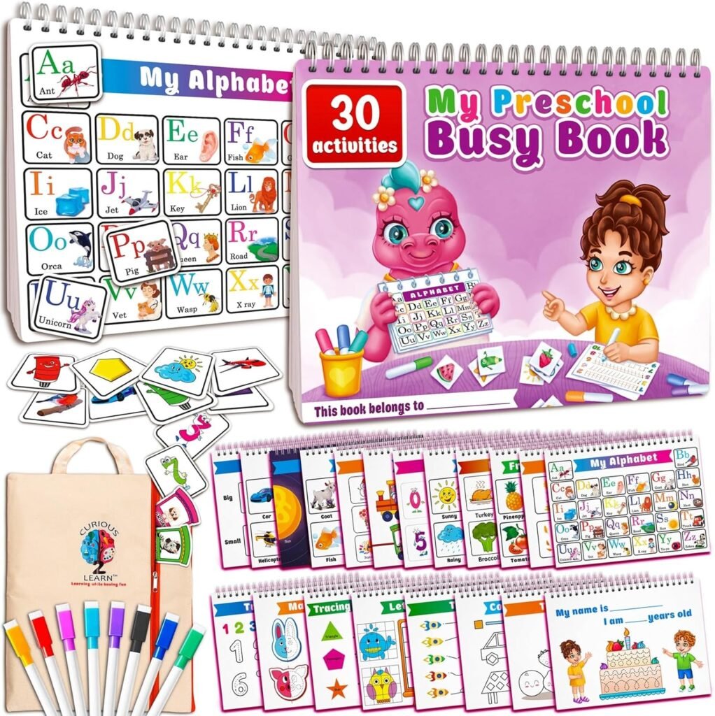 Curious 2 Learn Montessori Busy Book for Toddlers Ages 3 and Up, Pre K Preschool Learning Activities Book – Autism Sensory Learning & Education Toys Kindergarten Workbook (Pink)