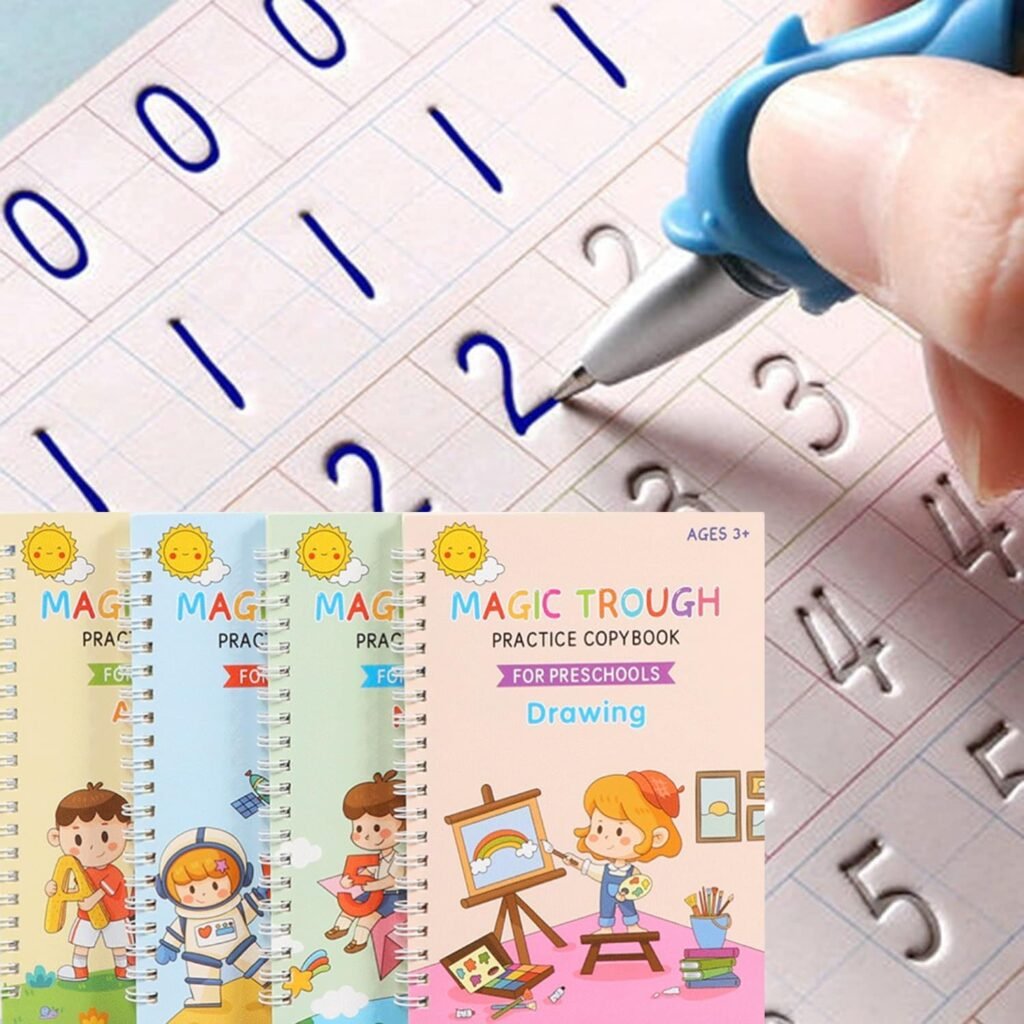 DTREEL 4 Pc Magic Practice Copybook,Reusable Grooved Writing Books,Handwriting Book Practice for Kids,Grooved Kids Writing Preschool for Kids Ages 3-8 Calligraphy (Magic Books)