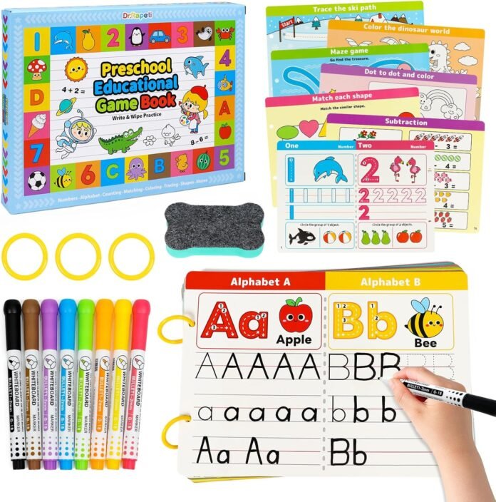 Dr.Rapeti Preschool Learning Activities Educational Workbook 58 Pages 8 Dry Erase Markers Prek Montessori Handwriting Practice Activity Tracing Toy Early Learning Toy Busy Book for Kids Toddlers