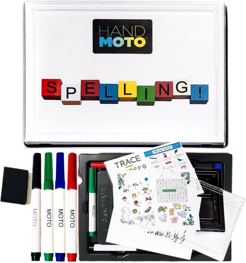HandMoto Dry Erase Board with Tracing Paper for Kids – White Board for Writing, Learning & Drawing – Handheld Tracing Board (1 Board, 10 Alphabets Tracing Papers, 4 Markers & 1 Eraser)(9×12)