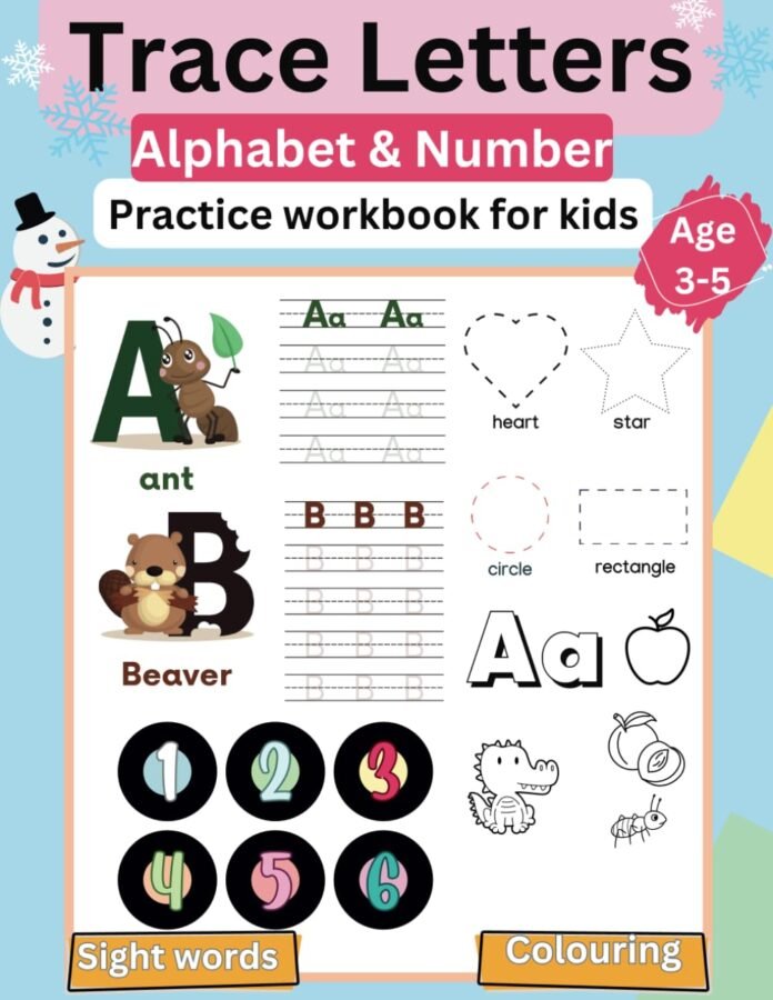 LARGE Print (100+ pages) ALPHABET , NUMBERS, COLORING Text and Line tracing Handwriting Activity workbook For Preschoolers, Kindergartens and Kids Ages 3-5.