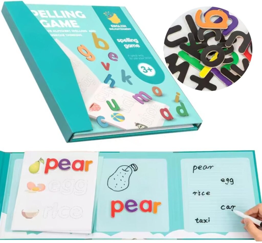 Magnetic Spelling Words Game Book – Matching Alphabet Letters Toy for Preschool, Kindergarten, Boys, Girls Educational Learning to Read Spell Write and Erase for 3 4 5 Years Old