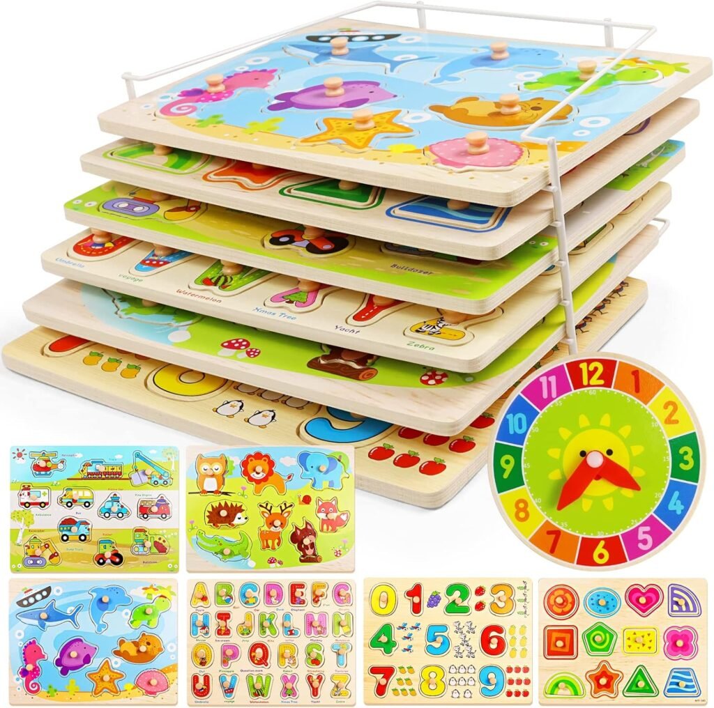 Puzzles for Kids Age 2-4 with Rack and Wooden Clock, 6 Pack Wooden Peg Puzzles for Toddlers with Storage Holder Rack, Educational Toys – Alphabet Number Animal Vehicle Shape