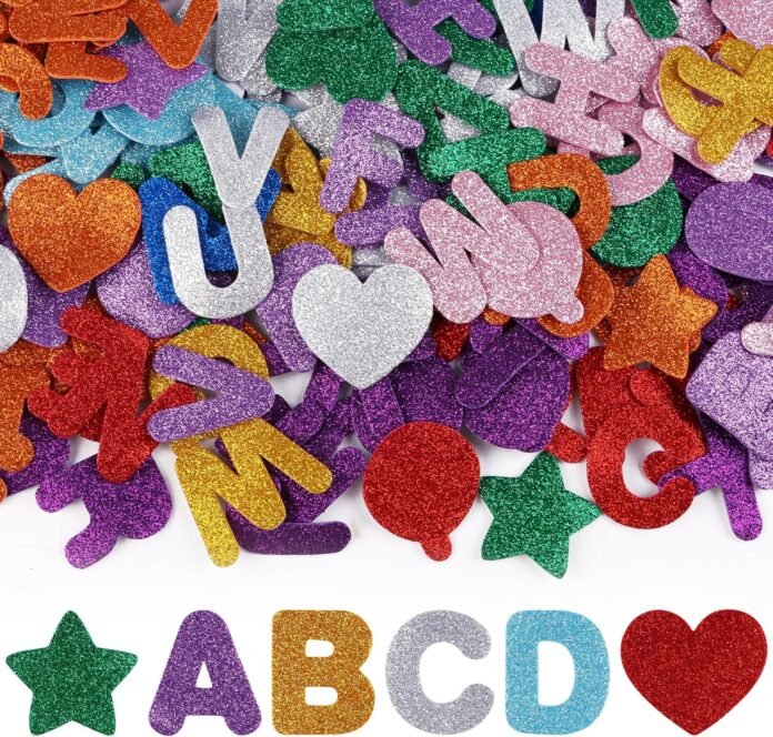 STEFORD 280 PCS Glitter Foam Letter Stickers, 10 Colors A-Z Alphabet Letters Stickers Self Adhesive Letters and Shapes Stickers for Kids DIY Crafts Party Decorations Scrapbooks