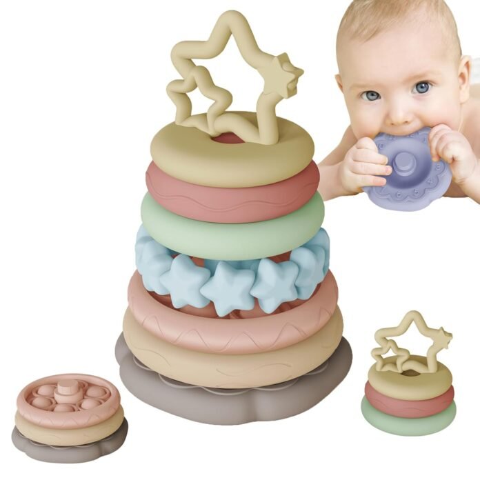 Sensory Baby Teething Toys, Stacking Rings Toys for 1 2 One Year Old, 7 Piece Teether Set Baby Girl Boys Shower Gifts, Newborn Essentials for 6-12-18 Months, Infant Developmental Montessori Toys