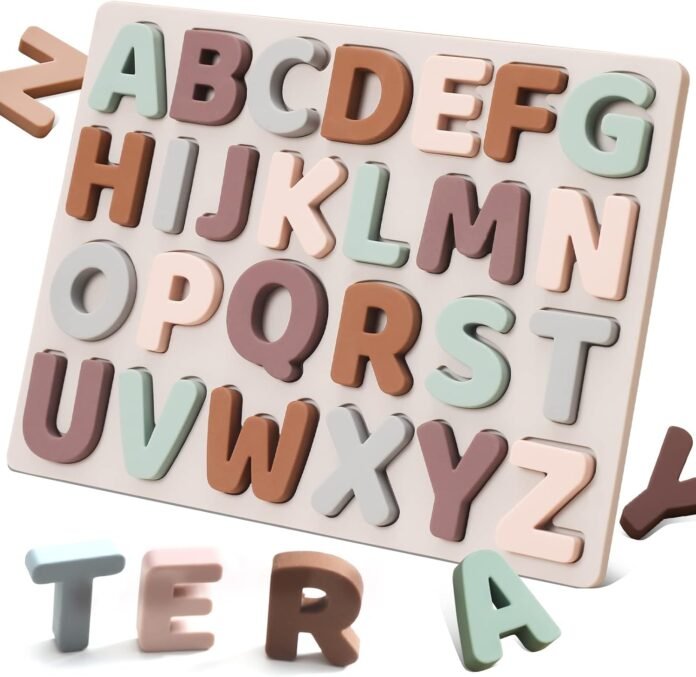 Silicone Alphabet Puzzle, ABC Puzzle Shape Alphabet Toys with Puzzle Board & Soft Letter Blocks for Toddlers, Montessori Preschool Early Education Learning Toy for Boys and Girls