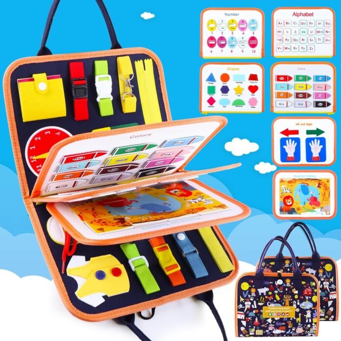 Toddler Busy Board, Montessori Toys Busy Book for 1 2 3 4 5 Year Old Toddlers Preschool Learning Activities with Alphabet Numbe, Travel Toys Gifts for Plane Car with Life Skills (Black/3P)