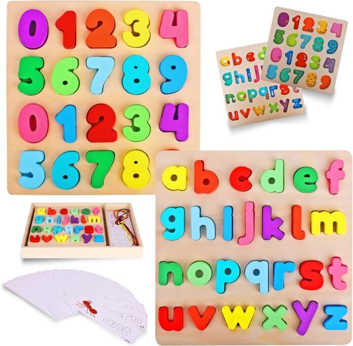 Wooden Alphabet Puzzle & Number Puzzle and Flash Cards Set - Includes Box, Lacing Beads and Threads