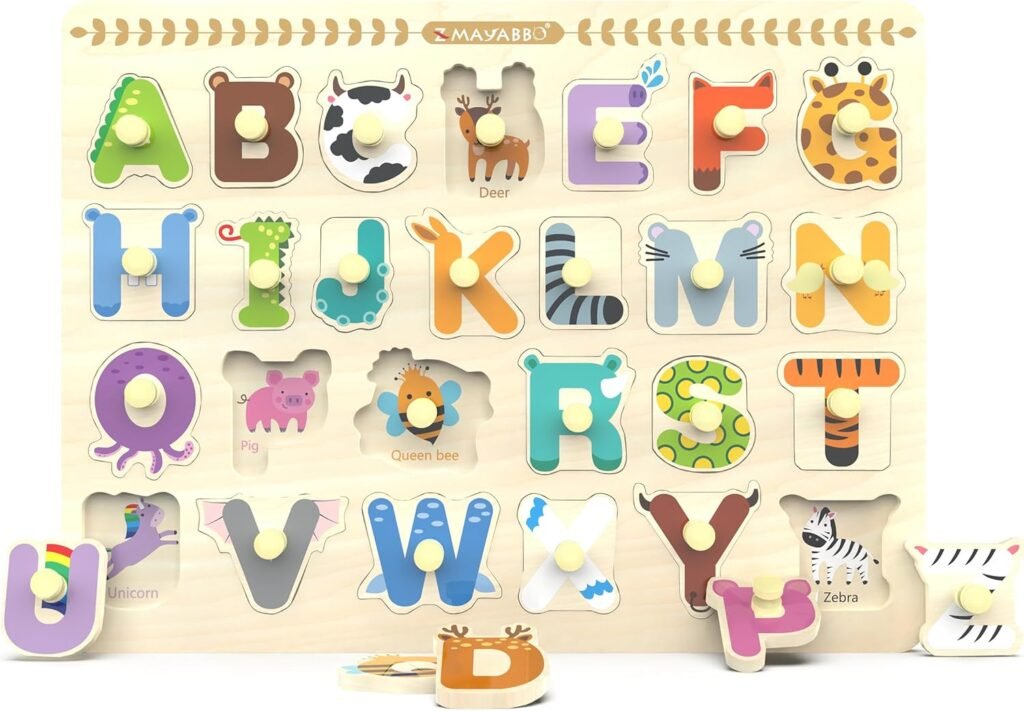 Wooden Peg Puzzles for Toddlers, Alphabet Learning Toys, Baby Puzzles Alphabet Board for Kids, Preschool Knob Puzzle for Boys Girls, Chunky ABC Shape Puzzles for 2 3 4 Year Old