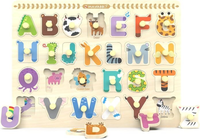 Wooden Peg Puzzles for Toddlers, Alphabet Learning Toys, Baby Puzzles Alphabet Board for Kids, Preschool Knob Puzzle for Boys Girls, Chunky ABC Shape Puzzles for 2 3 4 Year Old