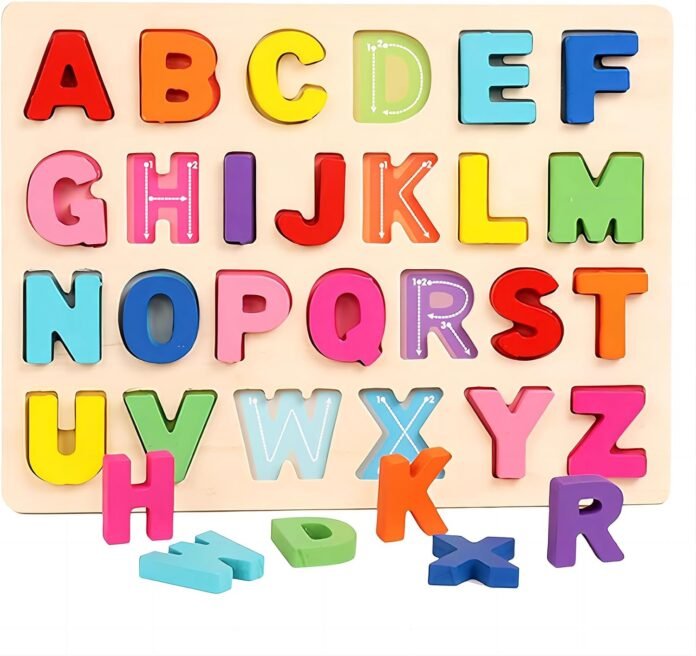 Wooden Puzzles for Kids, ABC Puzzle Shape Alphabet Learning Puzzles Toys with Puzzle Board & Letter Blocks Montessori Toddler Puzzles for Boys Girls 3+