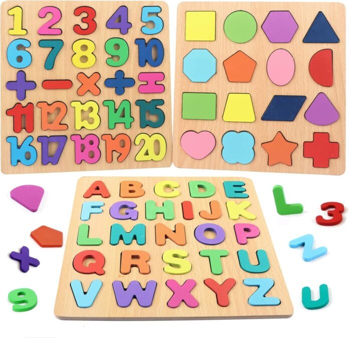 Wooden Puzzles for Toddlers, Wooden ABC Alphabet Number Shape Puzzles Toddler Learning Puzzle Toys for Kids 1-3 Years Old, 3 in 1 Early Education Letter Puzzle for Toddlers 2-4 Years Old