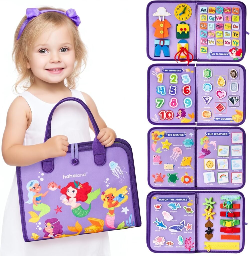 hahaland Busy Board – Montessori Toys for 3 Year Old Girl Bithday Gift Ideas – 7 in 1 Preschool Learning Activities with Life Skill, Alphabet, Number, Shape, Color, Animal, Weather