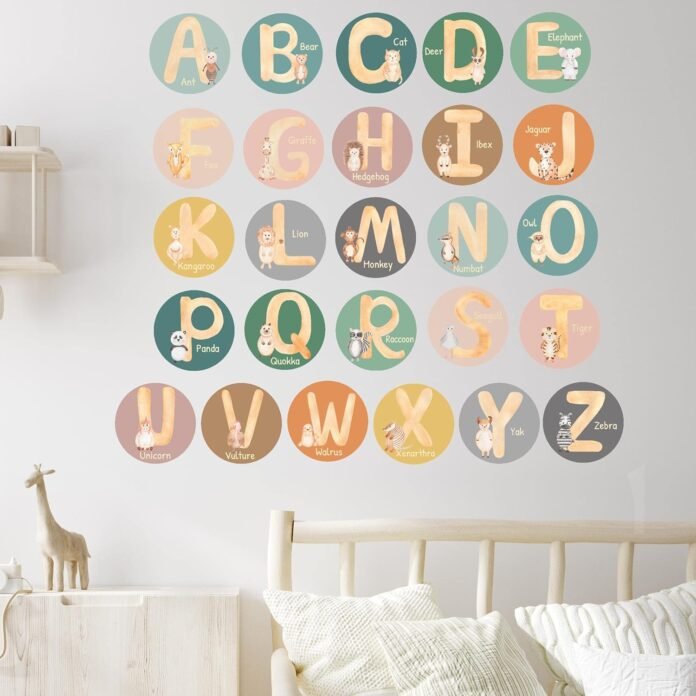 Alphabet Wall Decals for Classroom - 5 Inch Nursery Alphabet Letters for Wall - ABC Wall Decals for Kids Rooms - ABC Wall Chart for Toddlers Learning - Boho Rainbow Animal Alphabet A B C Decals